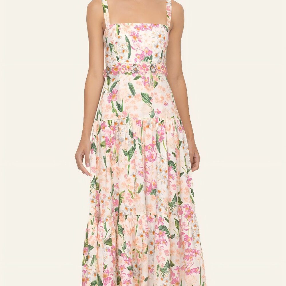 Agua by Agua Bendita Lima Floral Linen Sleeveless Square-Neck Maxi Dress